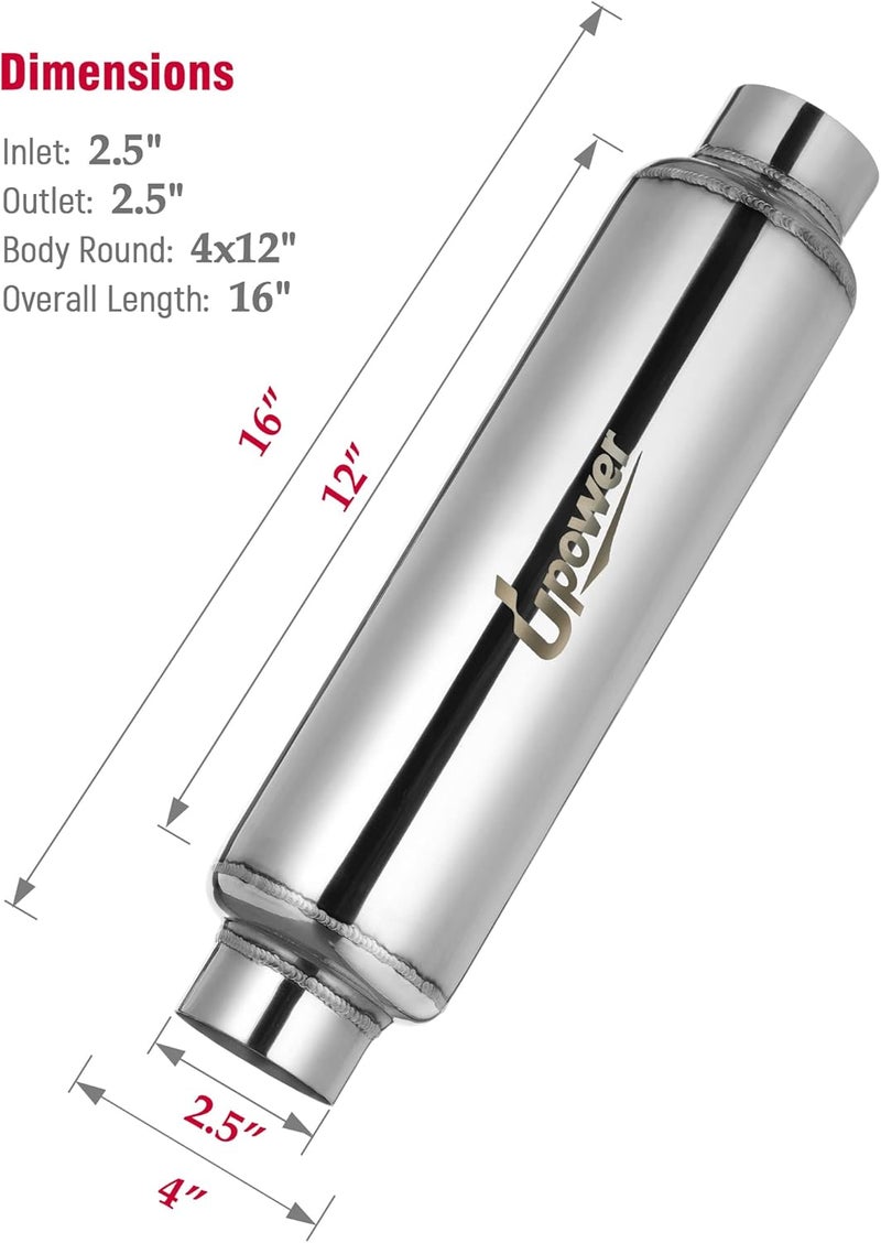 U-Power 2.5" Inlet&Outlet Exhaust Resonator,4" x12" Body 16" Overall Length Center Straight Through Stainless Steel Muffler,Polished - Image 2